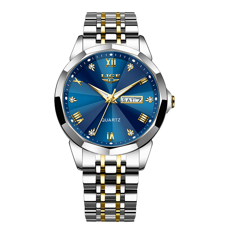 Reloj Lige redondo dorado plata de lujo hombre dial azul LIG001