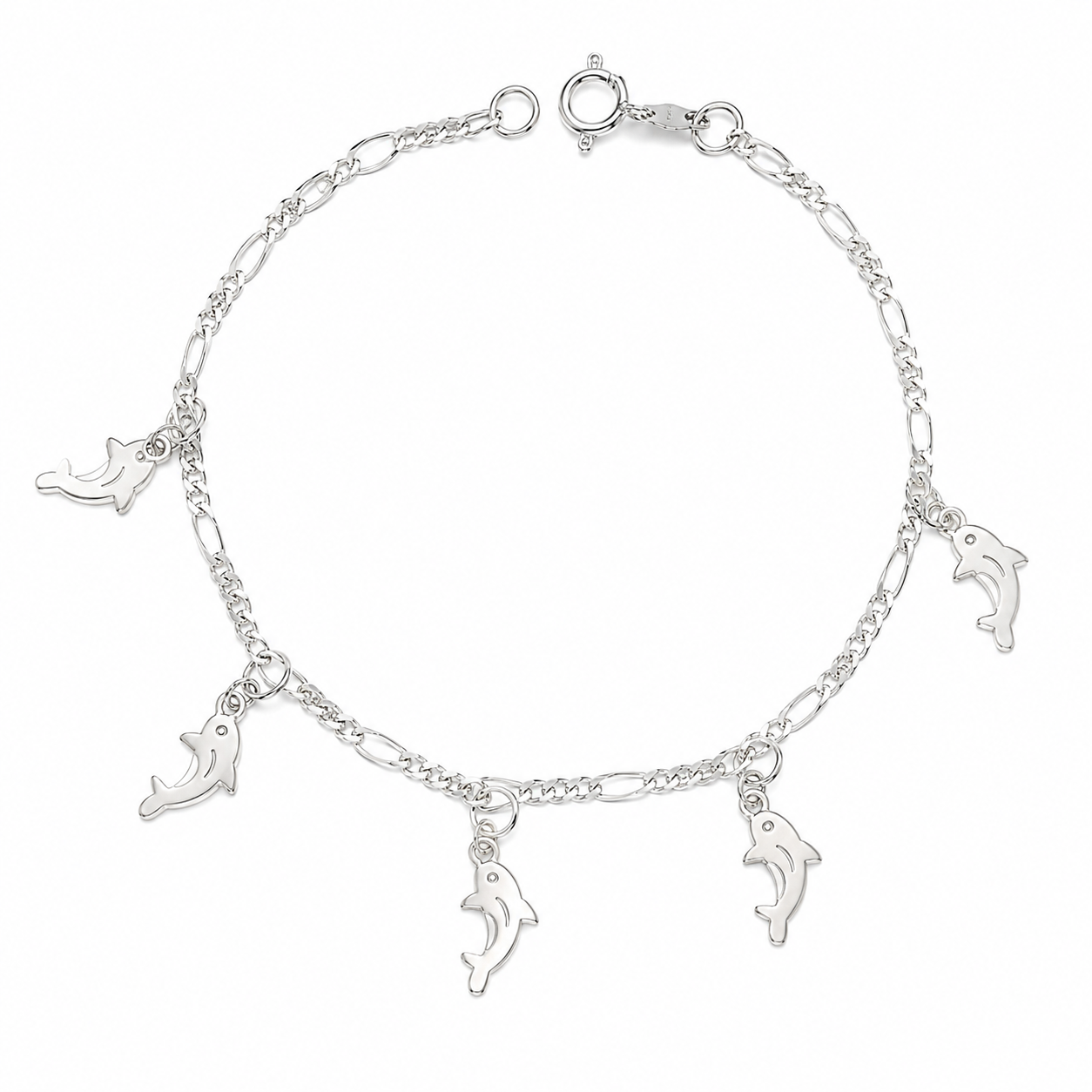 Pulsera 5 dijes de delfines, 19 cm plata 925