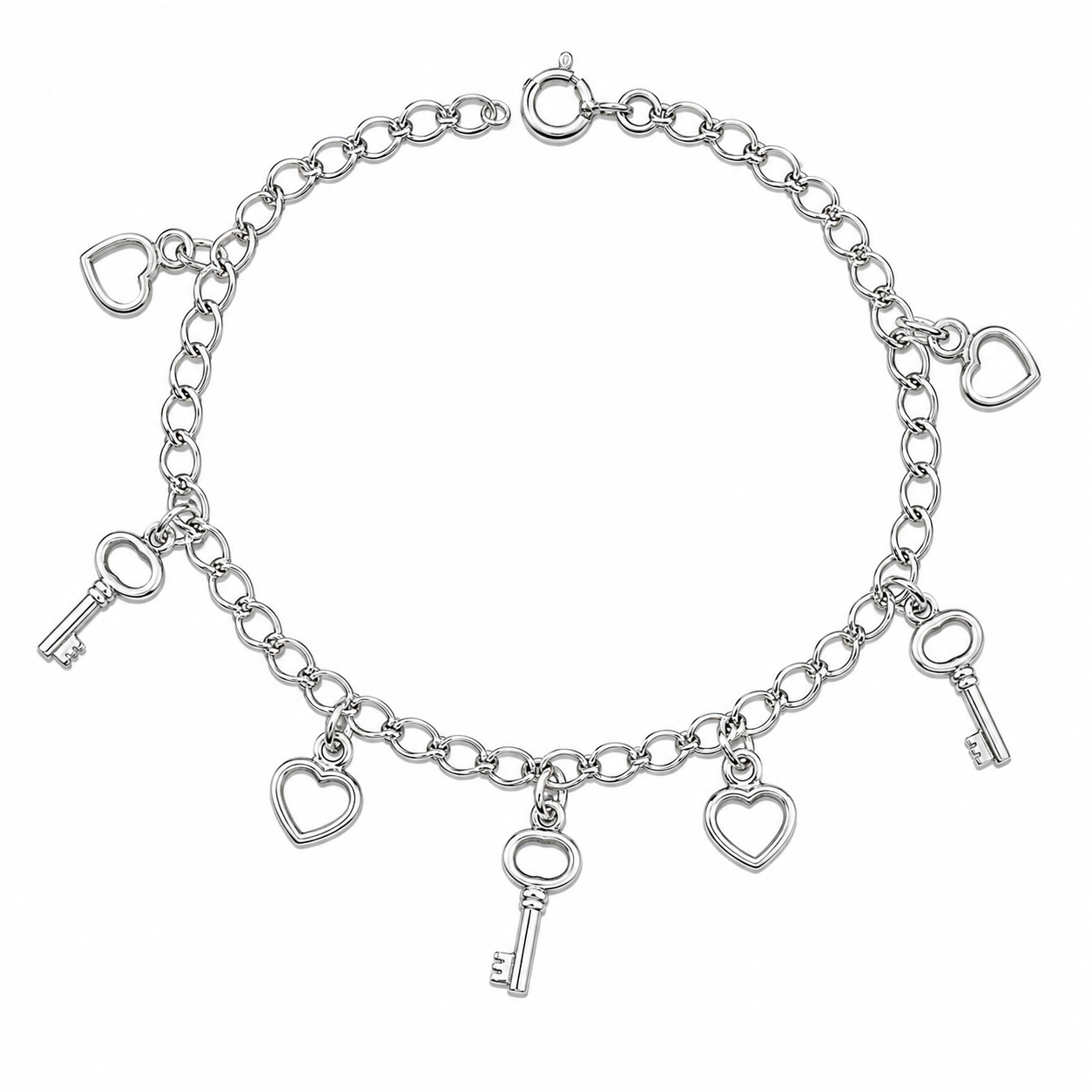 Pulsera corazón y llaves, 8 dijes, 19cm en plata 925