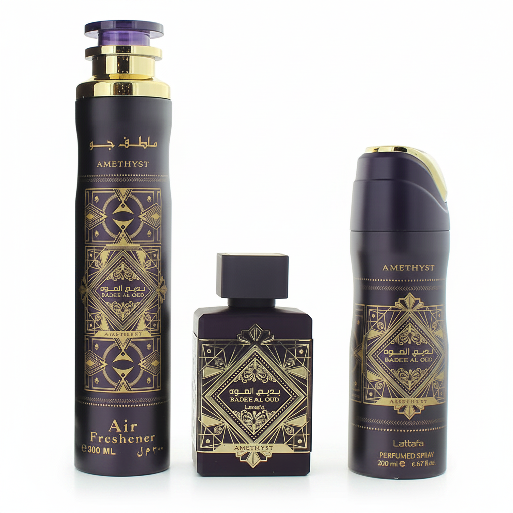 Lattafa Estuche Badee Al Oud Amethyst edp 100ml+200ml Perfume Spray + 300ml Air Freshener Unisex - Perfumisimo