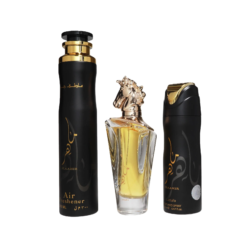 Lattafa Estuche Maahir edp 100ml+200ml Perfume Spray + 300ml Air Freshener Unisex