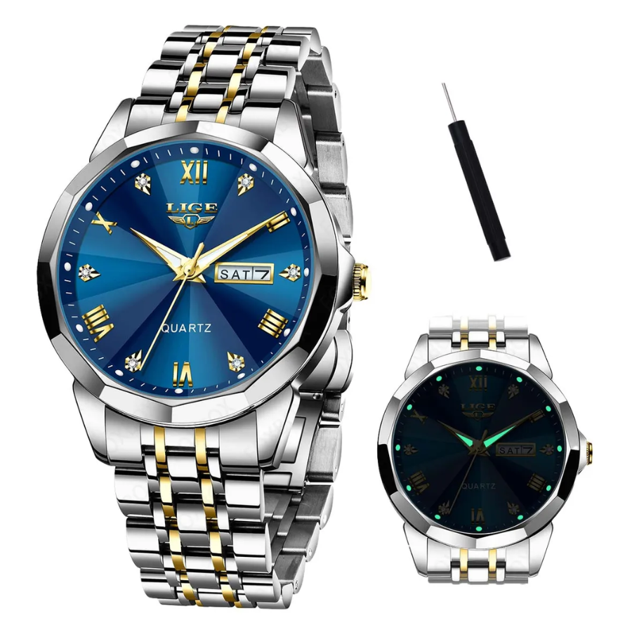 Reloj Lige redondo dorado plata de lujo hombre dial azul LIG001