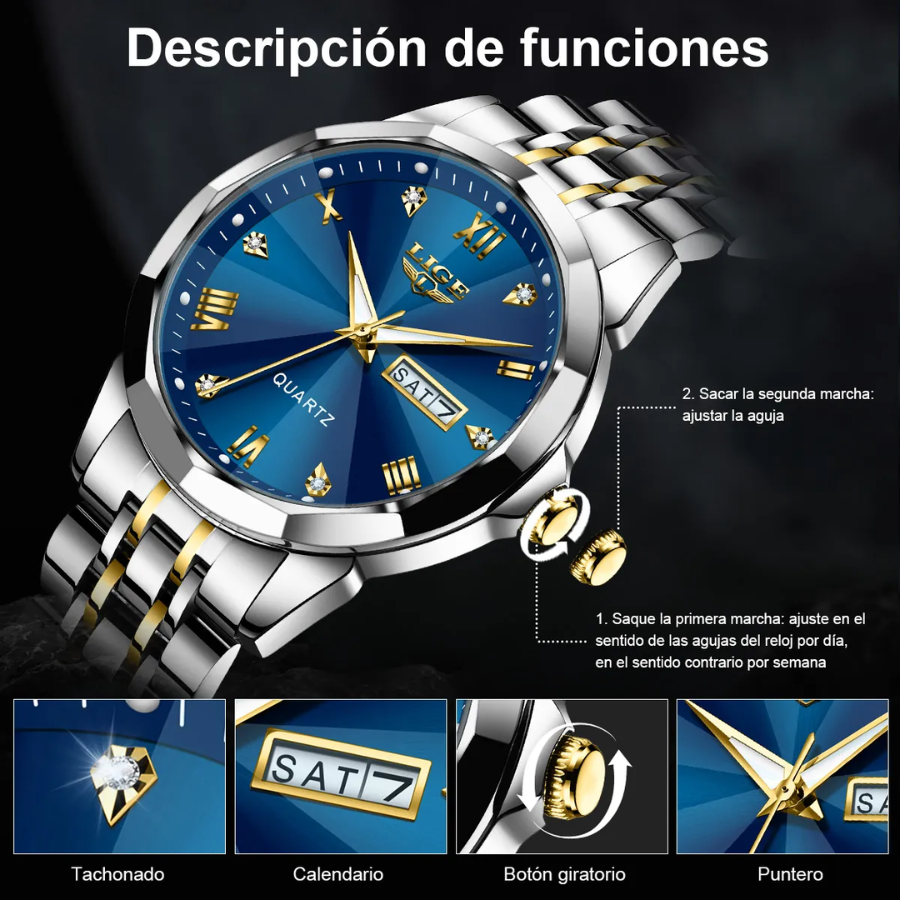 Reloj Lige redondo dorado plata de lujo hombre dial azul LIG001