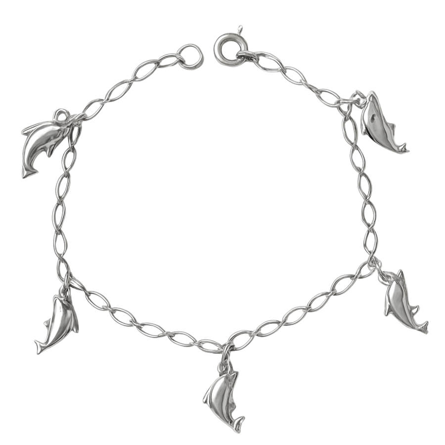 Pulsera 5 dijes de delfines, 19cm plata 925