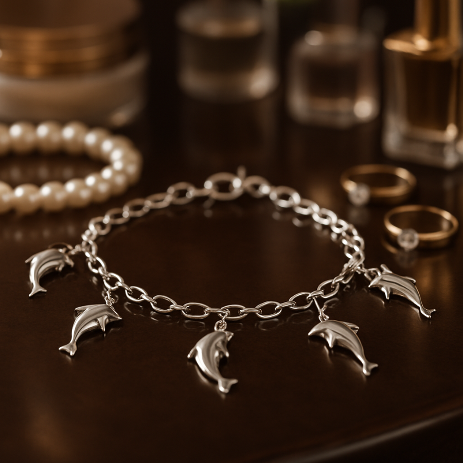 Pulsera 5 dijes de delfines, 19cm plata 925