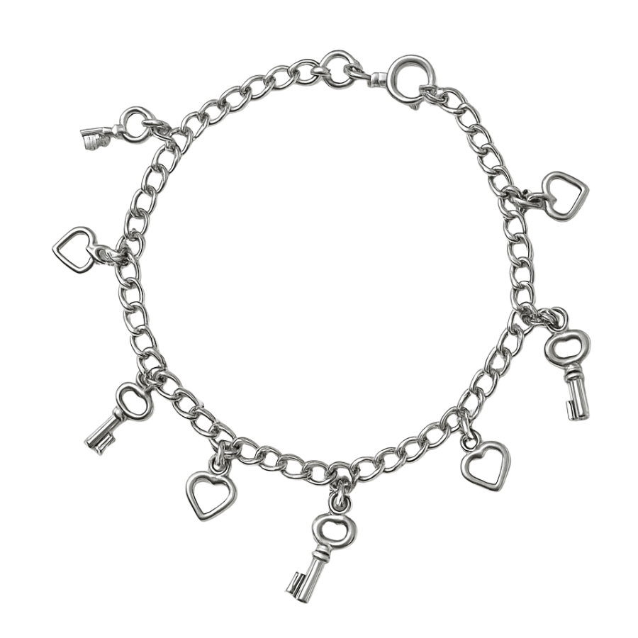 Pulsera corazón y llaves, 8 dijes, 19cm en plata 925