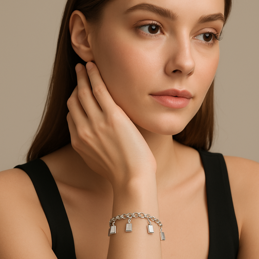 Pulsera con dijes cuadrados, 18cm plata 925