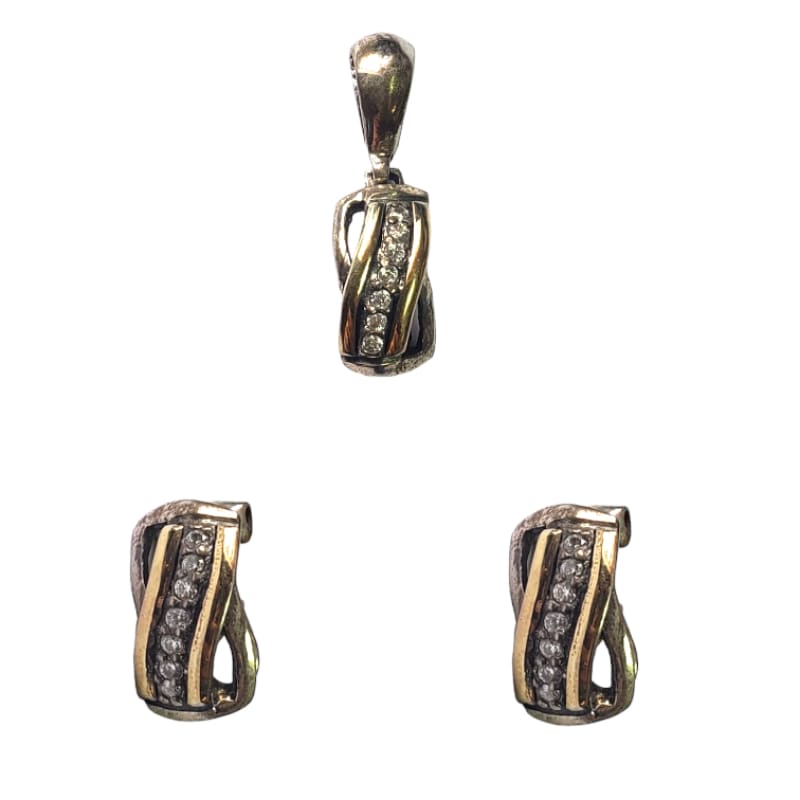 Conjunto Aros y Dije de plata, curvo oro y piedras - Perfumisimo