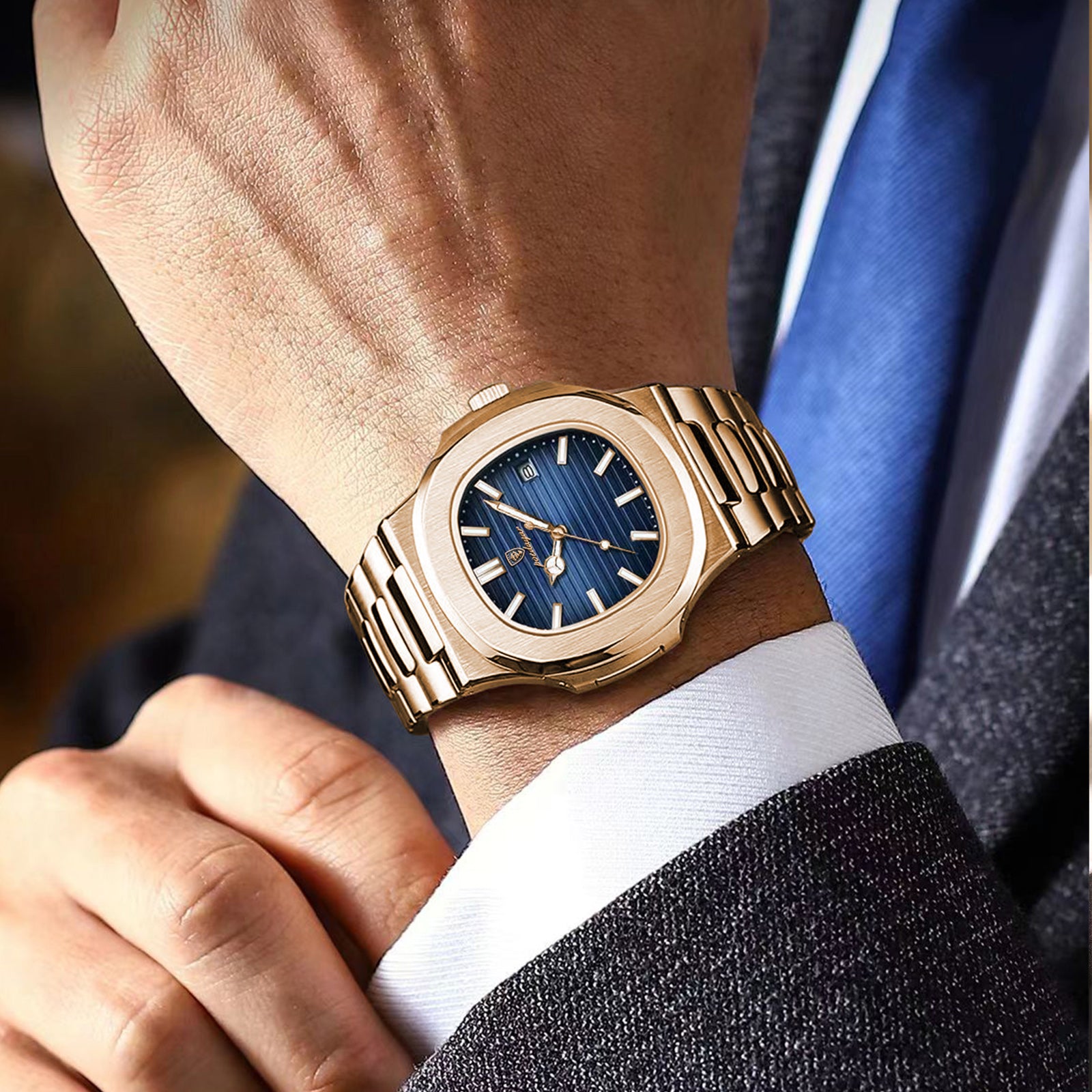Reloj Poedagar cuadrado dorado de lujo hombre luminoso cuarzo