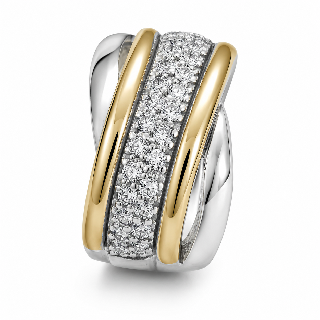 Anillo de Plata con 2 líneas de Oro y piedras colombiano