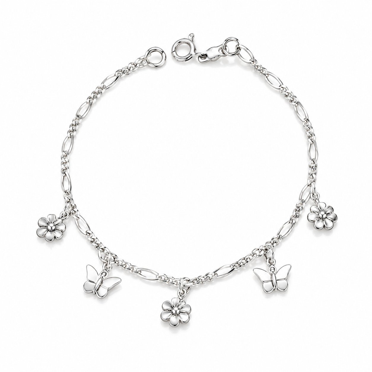 Pulsera flor y mariposa, 19cm en plata 925