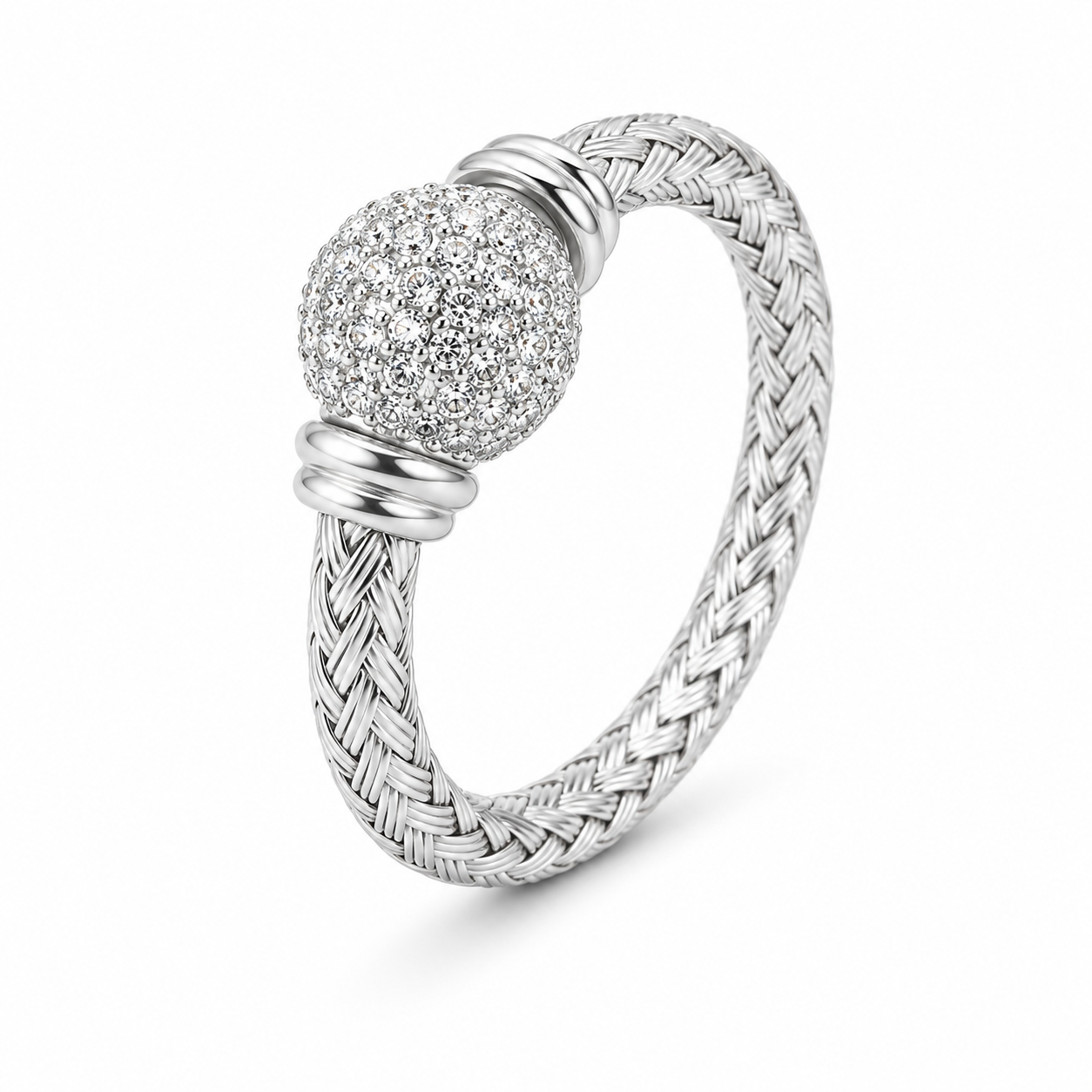 Anillo tejido bola incorporada con piedras Plata Italiana 925