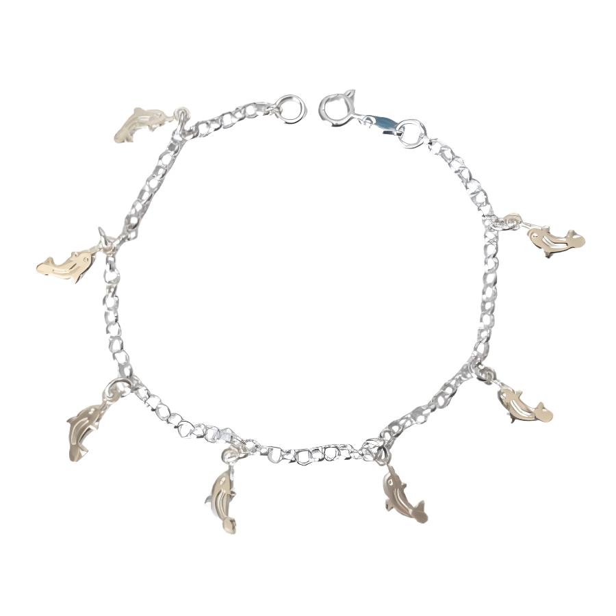 Pulsera 7 dijes de delfines, 19 cm plata 925