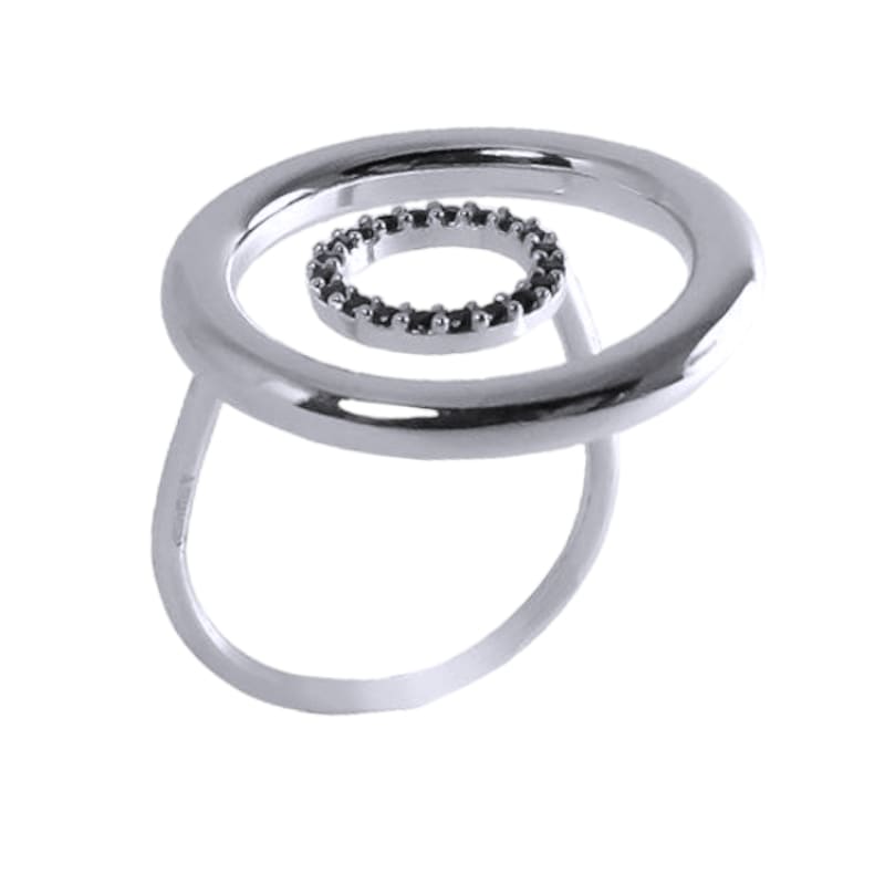 Anillo 2 circulos 1 piedras negras de Plata Italiana 925 - 7