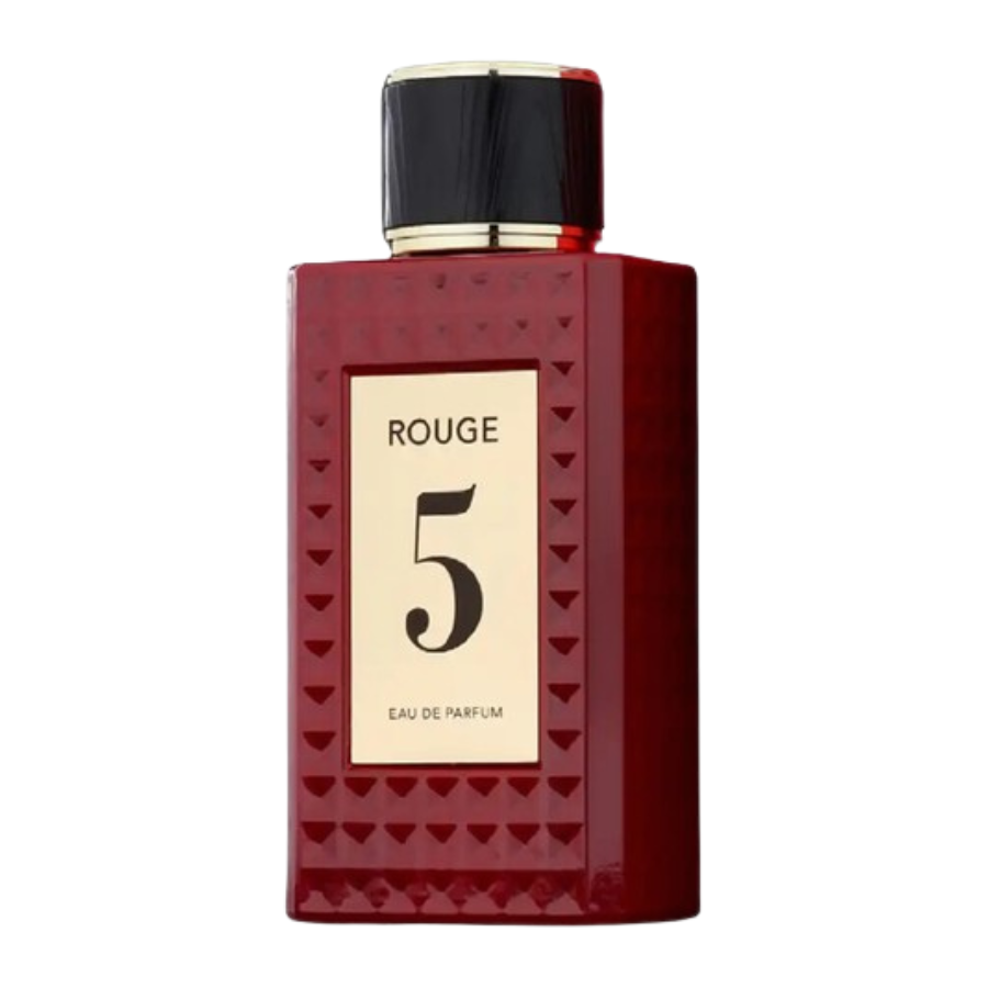 Fragrance World Rouge 5 EDP 90ml Unisex (Inspirado en Rosendo Mateu Nº 5 Floral, Amber, Sensual Musk)