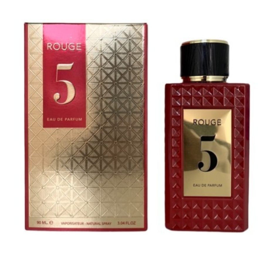 Fragrance World Rouge 5 EDP 90ml Unisex (Inspirado en Rosendo Mateu Nº 5 Floral, Amber, Sensual Musk)