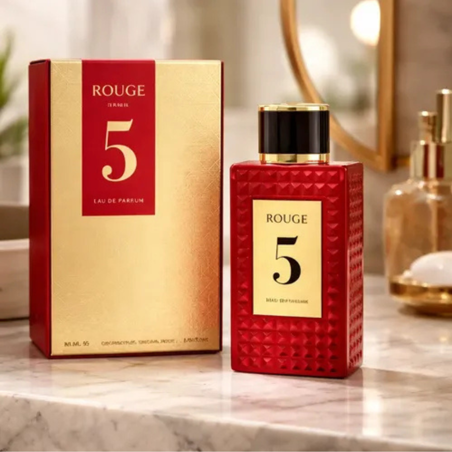 Fragrance World Rouge 5 EDP 90ml Unisex (Inspirado en Rosendo Mateu Nº 5 Floral, Amber, Sensual Musk)