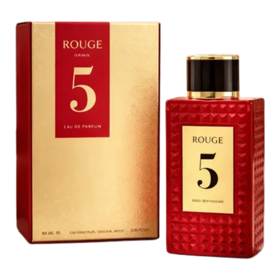 Fragrance World Rouge 5 EDP 90ml Unisex (Inspirado en Rosendo Mateu Nº 5 Floral, Amber, Sensual Musk)