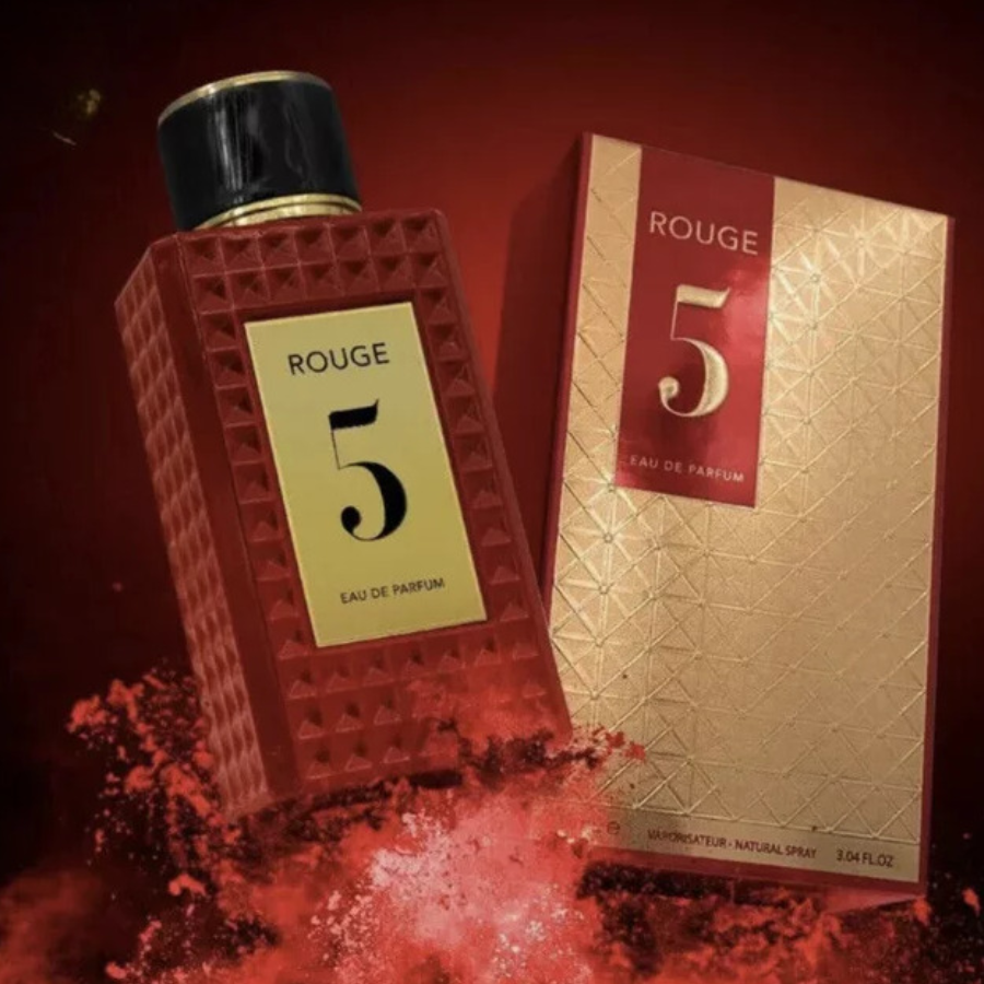 Fragrance World Rouge 5 EDP 90ml Unisex (Inspirado en Rosendo Mateu Nº 5 Floral, Amber, Sensual Musk)